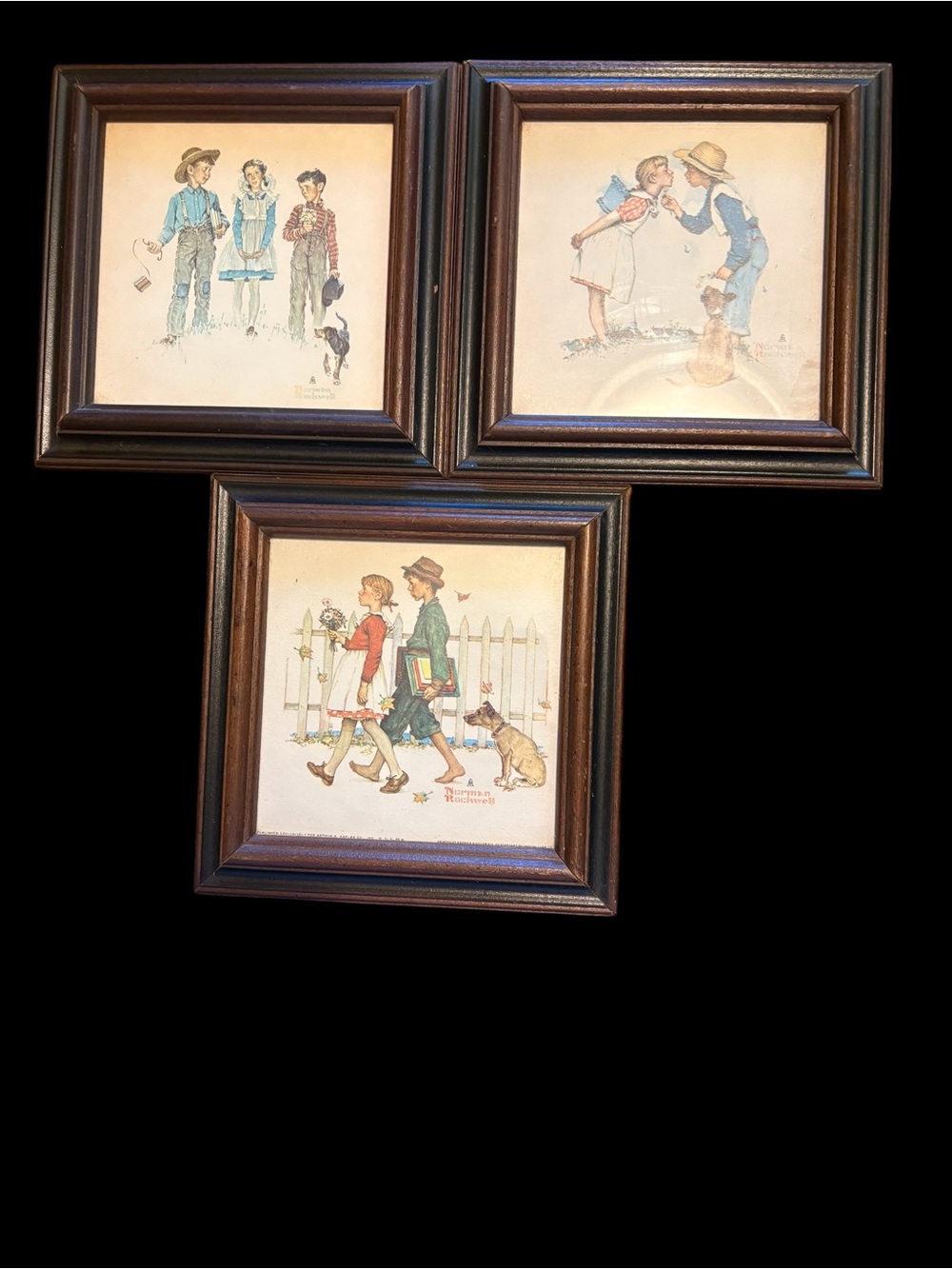 Vintage Norman Rockwell Trio Framed Children's Illustrations - Brown Frames